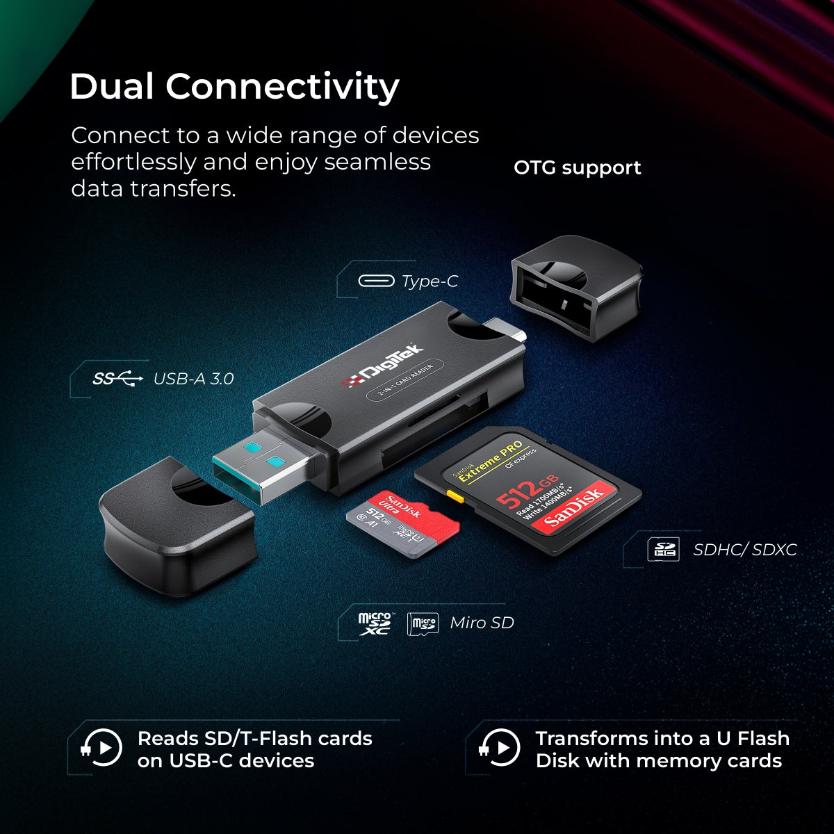 Digitek (DCR-007) USB-A 3.0 & Type C Multi-Card Reader